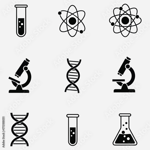 Scientific Discovery and Research Icons Featuring DNA, Microscopes, and Test Tubes