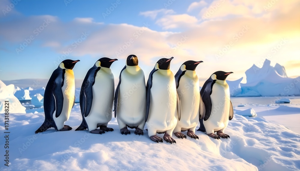 Obraz premium Penguins stand together at the snowy sea