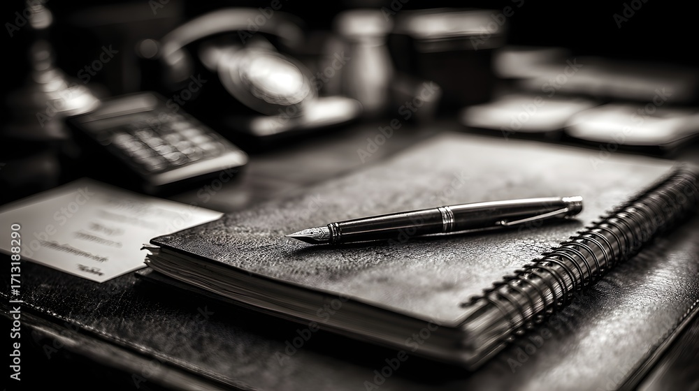 Fototapeta premium An antique desk scene showcases a pen on a journal with a vintage calculator in a monochromatic setting.