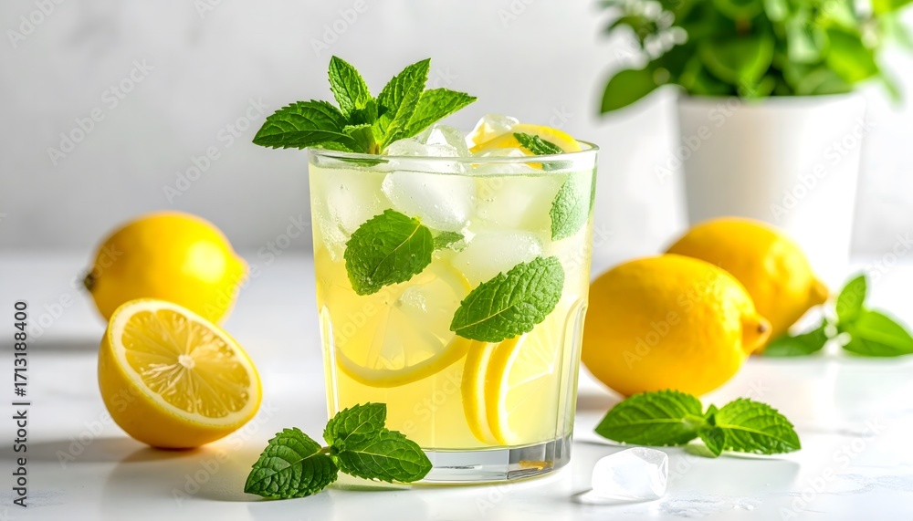 Fototapeta premium Refreshing glass of iced lemonade drink
