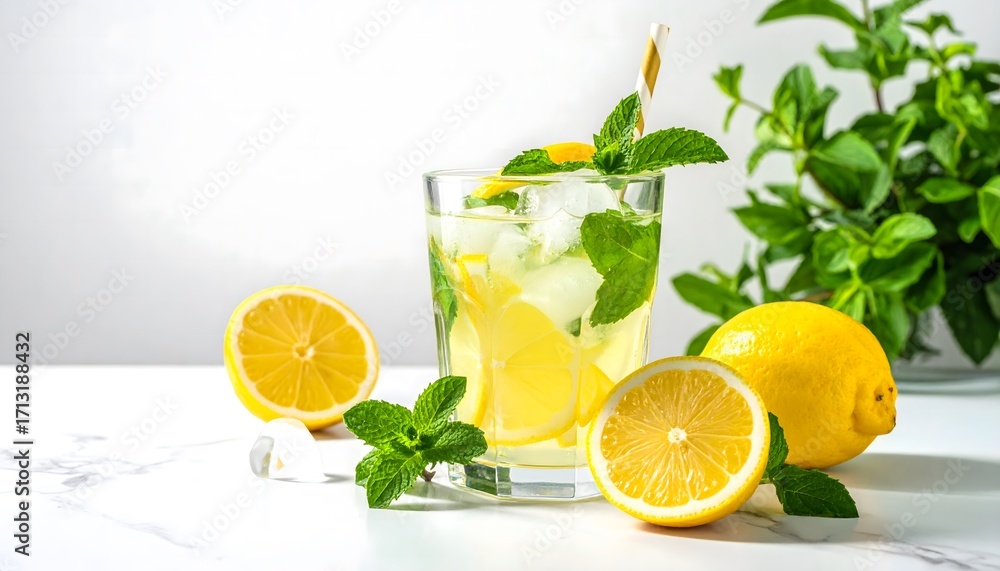Fototapeta premium Refreshing lemon ice water, mint, summer