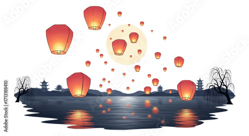 Serene Night Scene with Floating Lanterns Over Calm Water Full Moon View