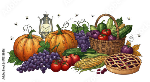Harvest Bounty with Pumpkins, grapes, apples, corn, and a picnic basket against a black background