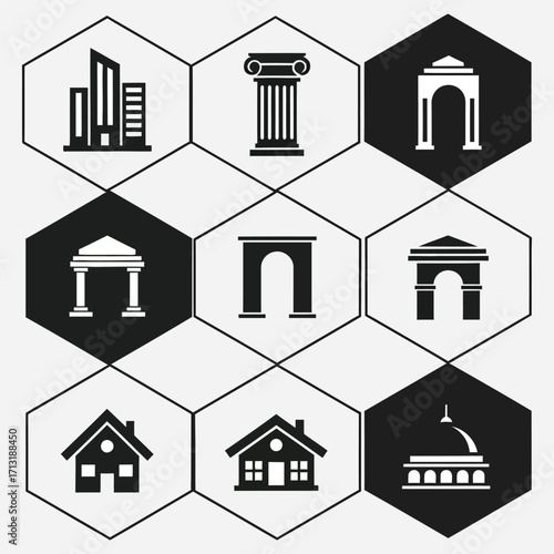 Collection of building icons representing modern and classical architecture, residential homes, and government structures
