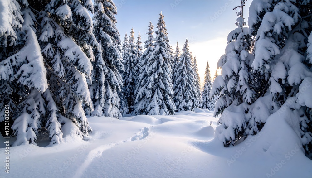 Obraz premium Snow-covered trees bask in sunlit winter