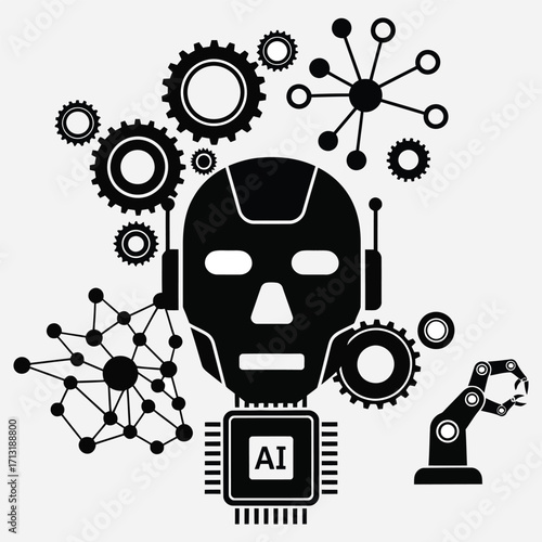 Black and white vector illustration of artificial intelligence with robot head and network icons