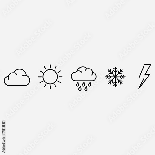 Set of line icons for weather conditions sun, cloud, rain, snow, and lightning bolt