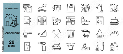 Housework, housekeeping, and domestic cleaning icons set – household chores, laundry, kitchen, bathroom, vacuum, broom, washing, hygiene, and home service vector collection. Editable stroke