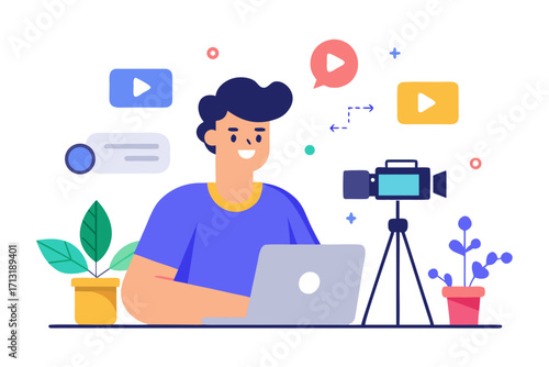 Man with a laptop and video camera, creating content for online platforms content creation video production