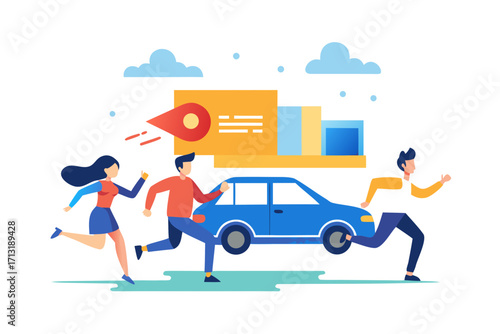 People running towards a car with location pin and buildings achievement adventure