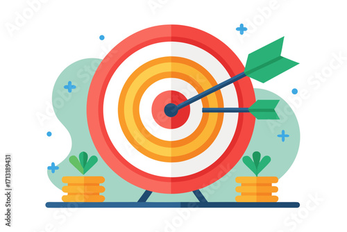 Target with arrows and stacks of coins with plants in flat design dartboard archery