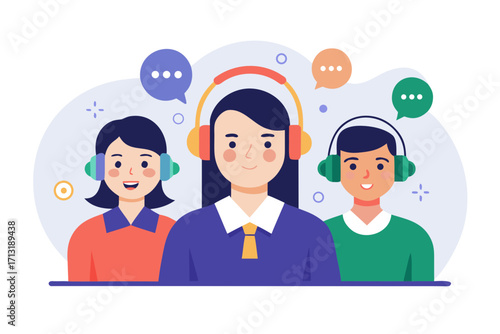 Three people wearing headphones and smiling, suggesting a call center or support team customer service