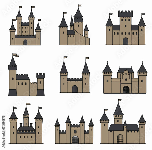 Collection of nine simple cartoon castles with turrets and flags, depicting various medieval fortresses, ideal for fantasy and fairytale designs.