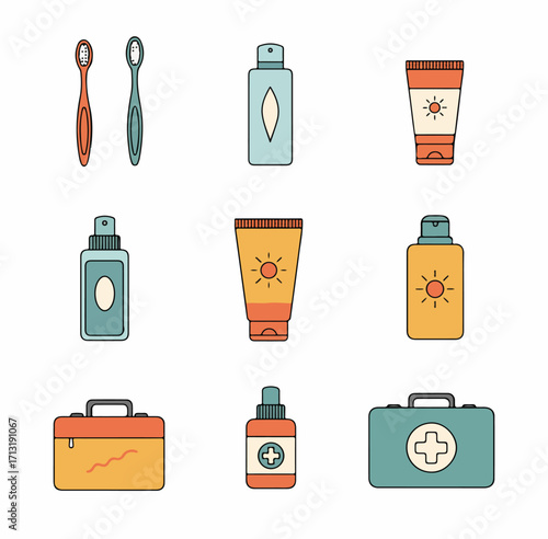 A vibrant flat illustration featuring essential personal care, sun protection, and medical items, perfect for travel, health, and hygiene themes.