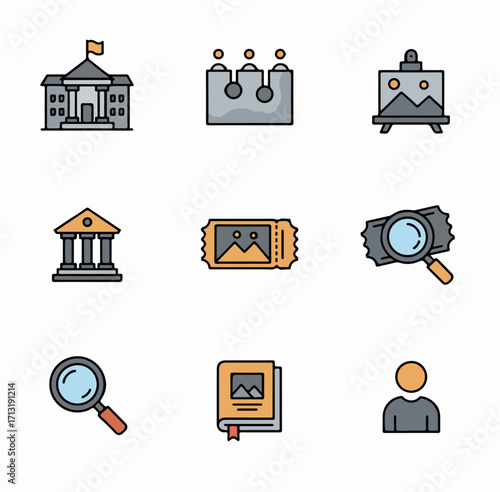 Vector icon set for institutions, culture, and information, featuring buildings, art, tickets, search tools, and user profiles in a modern flat design.