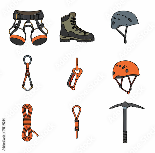 Vector illustration set of climbing and mountaineering equipment: harness, boots, helmets, carabiners, rope, descender, and ice axe for outdoor adventures.