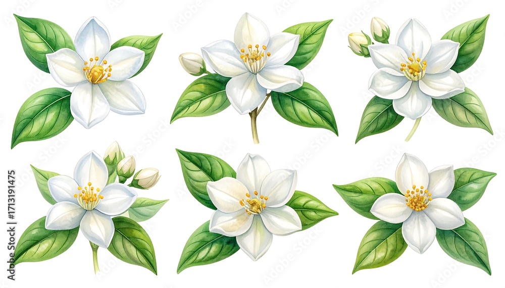 Obraz premium Six detailed illustrations of jasmine flowers, leaves, and buds, arranged in a grid pattern against a white background, showcasing vibrant colors and delicate botanical design.