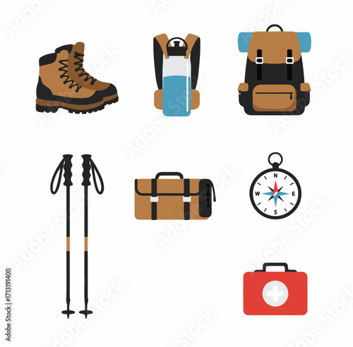Essential hiking and camping gear collection: boots, backpacks, trekking poles, compass, duffel bag, water bottle, and first aid kit for outdoor adventures.