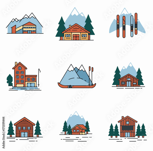 Colorful line art icons of winter mountain lodges, cozy cabins, ski equipment, and snowy landscapes, perfect for winter sports and holiday vacation themes.