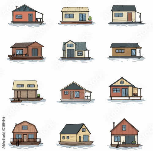 Collection of diverse cartoon houseboats floating on water, showcasing various architectural styles and cozy designs for unique living spaces.