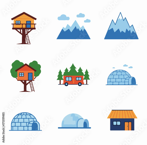 Icon set illustrating unique dwellings like treehouses, igloos, and campers, alongside majestic mountains, representing travel and outdoor living.