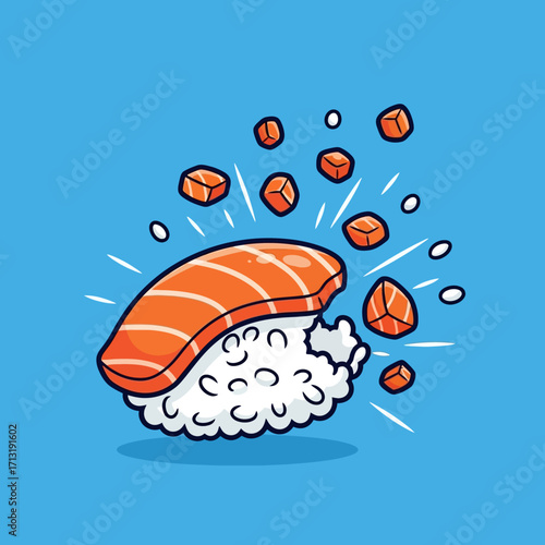 Cartoon illustration of a piece of sushi with salmon on top and some pieces of salmon flying around.
