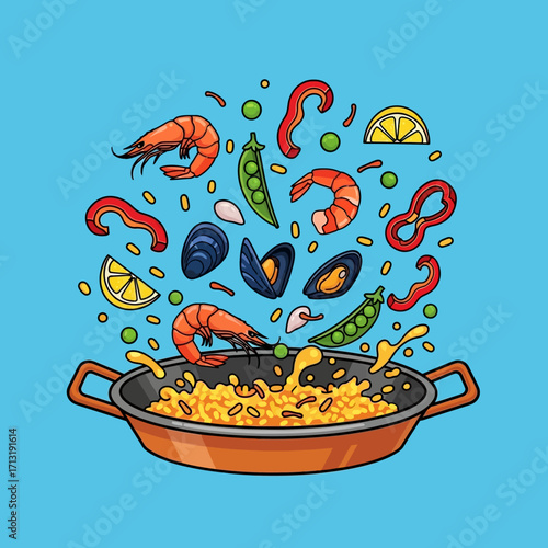 Illustration of paella with seafood and vegetables in a pan.