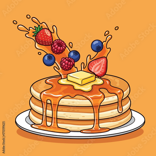 A cartoon illustration of a stack of pancakes with melting butter, dripping syrup, and a splash of fresh strawberries, blueberries, and raspberries.