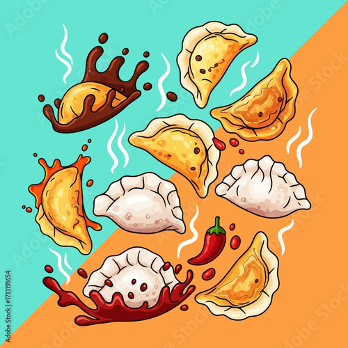 An assortment of delicious dumplings, including fried and steamed varieties, with savory sauce splashes and a chili pepper, set against a vibrant two-tone background.