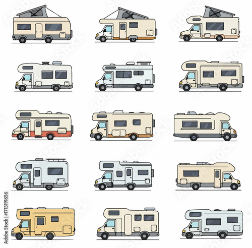 Collection of diverse cartoon motorhomes and recreational vehicles, illustrated in a clean line-art style, perfect for travel, adventure, and camping concepts.