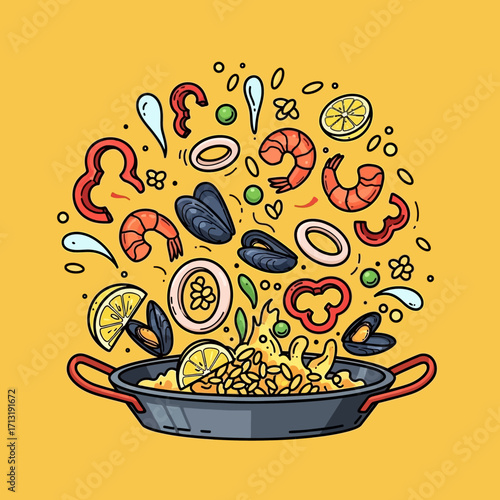 Illustration of paella ingredients floating above a pan on yellow background.
