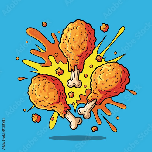 Three crispy fried chicken drumsticks splashing against a yellow and orange background.