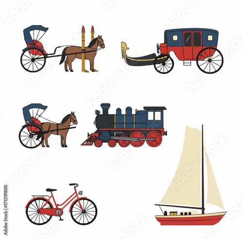 A collection of diverse transportation modes illustration, featuring vintage carriages, a steam train, bicycle, and sailboat, depicting historical and modern travel on land and sea.