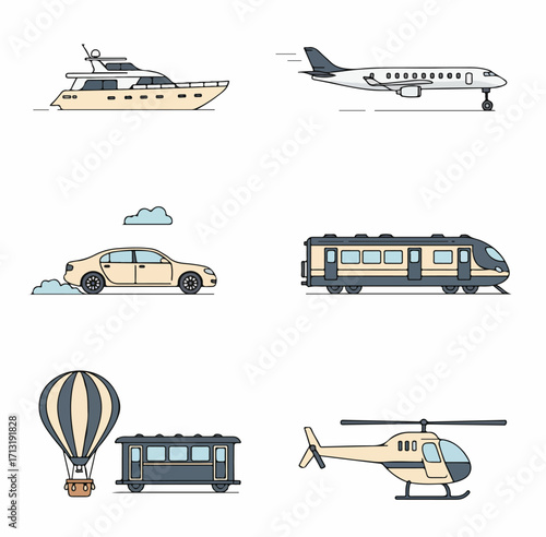 A collection of various modes of transportation including yacht, airplane, car, train, hot air balloon, and helicopter in a minimalist outline illustration style.