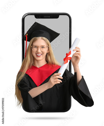 Female graduating student in mortar board with diploma on grey background