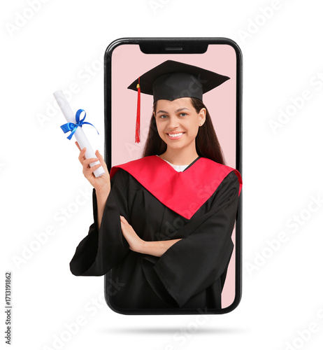 Happy female graduate with diploma on pink background