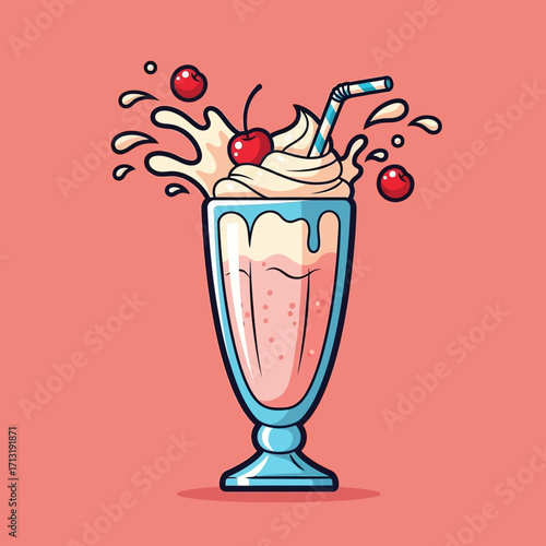 A delicious cherry milkshake with whipped cream and a straw, splashing out of a tall glass on a pink background.