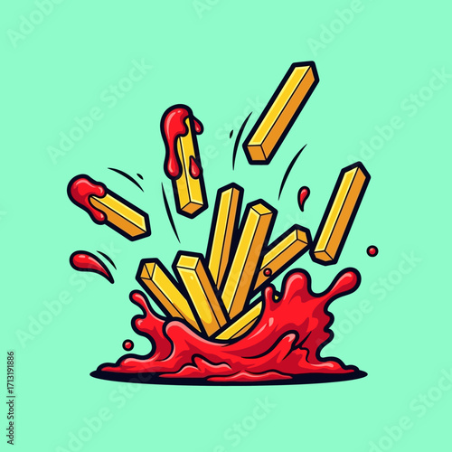 Cartoon illustration of french fries falling into a splash of ketchup, with a light green background.