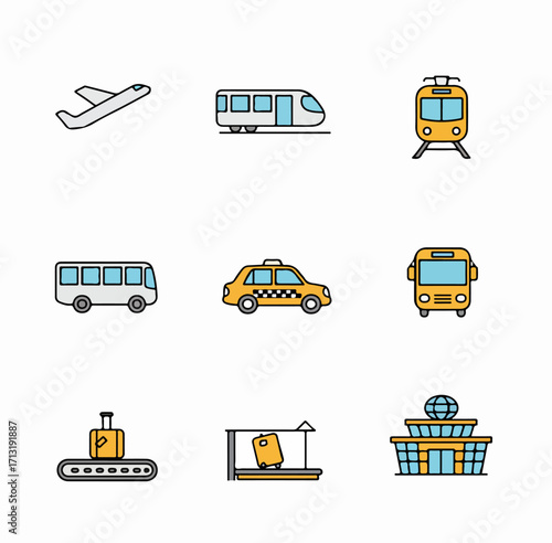Colorful Travel and Transportation Icon Set: Airplane, Trains, Buses, Taxi, and Airport Services for Public Transport and Tourism