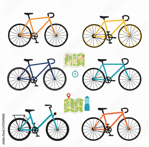 Colorful Bicycle Collection with Maps and Accessories for Cycling, Travel, and Outdoor Adventures.