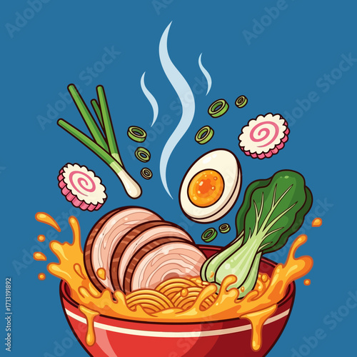 Illustration of a bowl of ramen with various toppings floating above it.