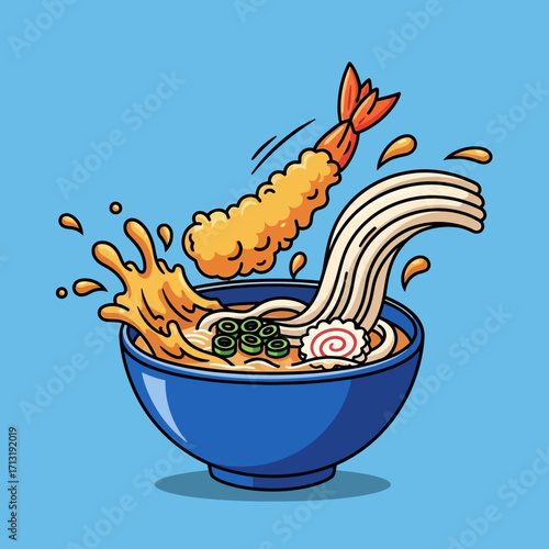 Illustration of a blue bowl filled with ramen noodles, shrimp tempura, and other ingredients.
