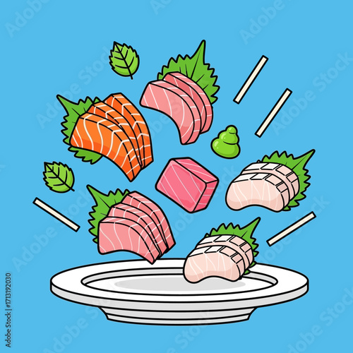 Sashimi platter with flying slices of salmon and tuna, garnished with wasabi and green leaves.