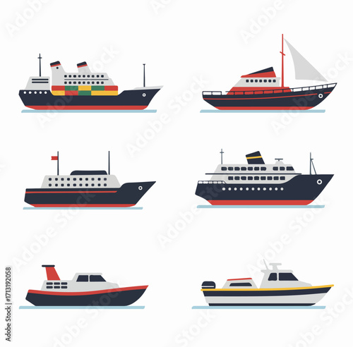 Collection of diverse boat and ship flat vector illustrations, showcasing various maritime vessels and water transport icons in a simple graphic style.