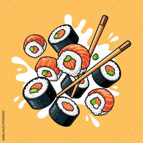 Cartoon illustration of salmon sushi maki rolls flying with chopsticks.