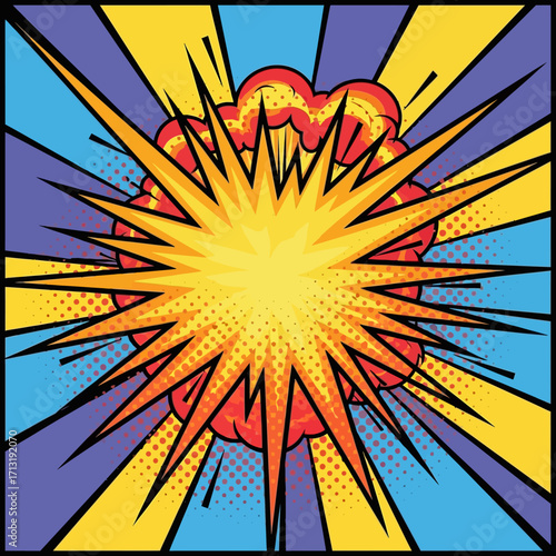 Comic book explosion with radial lines and halftone dots.