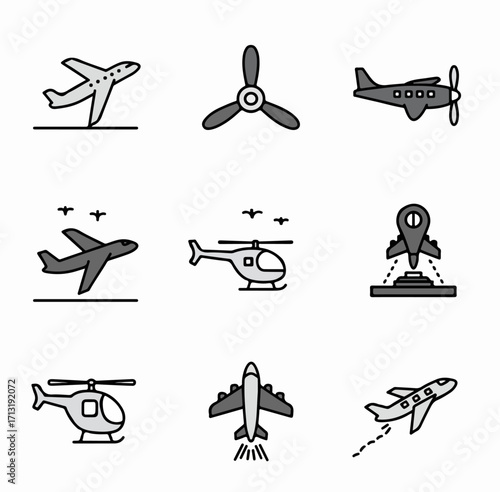 Aviation and Air Travel Icon Set: Collection of Airplanes, Helicopters, and Propellers Representing Transportation, Flight, and Aerospace Concepts in a Modern Outline Style.