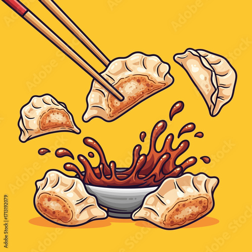 Cartoon illustration of delicious dumplings being picked up with chopsticks and splashing into a soy sauce bowl.
