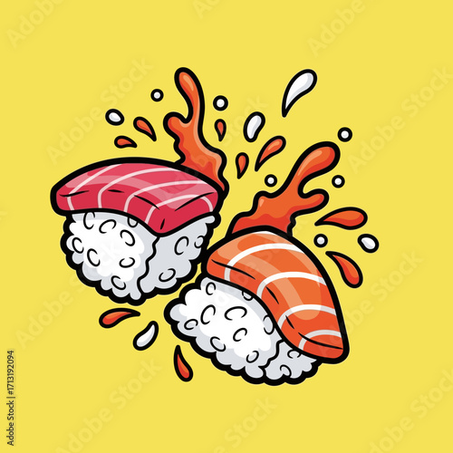 Cartoon illustration of two nigiri sushi, tuna and salmon, with a soy sauce splash on a yellow background.