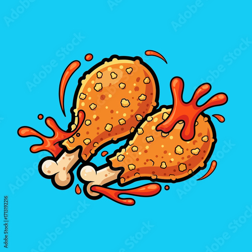 Cartoon illustration of two crispy fried chicken drumsticks with red sauce splashing on a bright blue background.